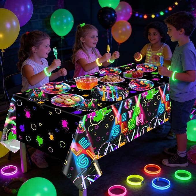 81Pcs Neon Party Supplies Set - Serves 20, Glow in the Dark Party Supplies, Includes Plates, Napkins, Fork, Tablecloth for Halloween Glow Birthday Decorations