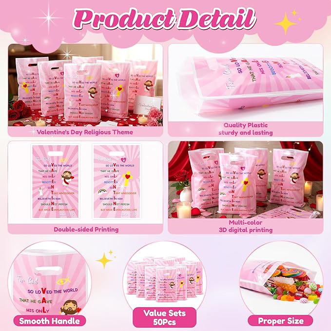 Valentine's Day Party Favor Bag - 50Pcs Valentine's Day John 3:16 Goody Candy Treat Gift Bag Religious Christian Cross Valentine Decor for Kid Adult Church VBS Sunday School Classroom Exchange Wedding