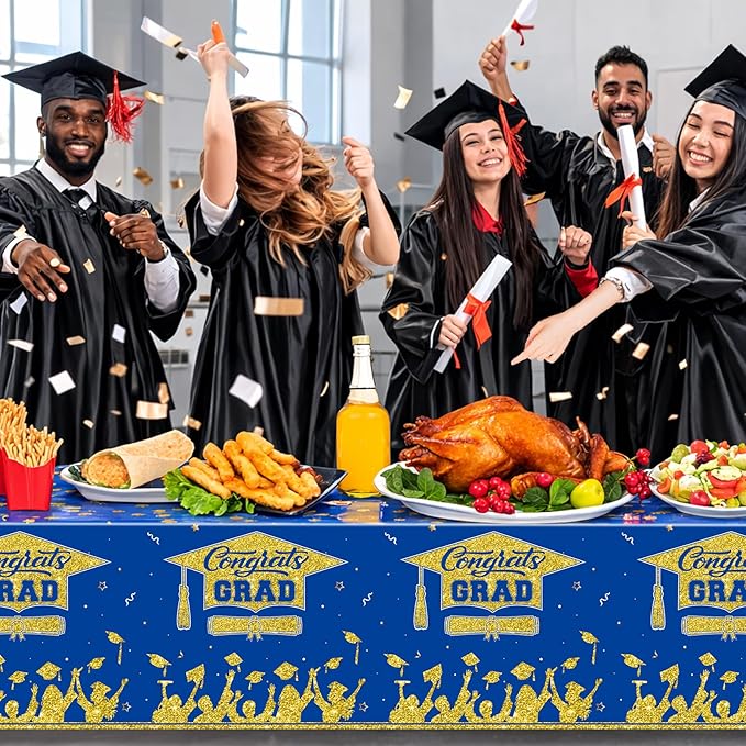 Graduation Decorations 2026-2 Pcs Blue and Gold Gongrats Grad Tablecover for Graduation Party Decorations, Class Blue Plastic Table Covers 54"x108"