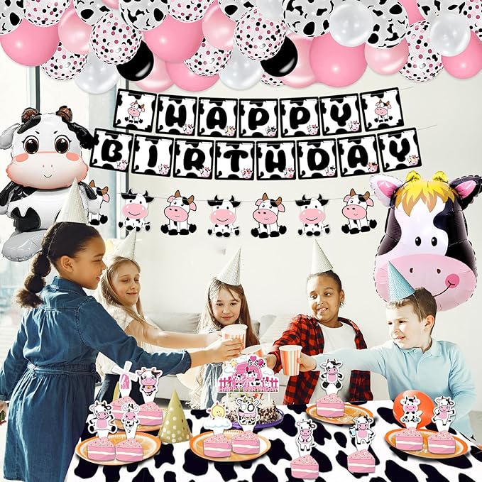 Bluegogo 120PCS Cow Birthday Party Decorations, Cow Print Birthday Decorations Include Pink Cow Balloon Garland Arch Tablecloth Banner Toppers Balloons for Cow Themed Birthday Party Supplies