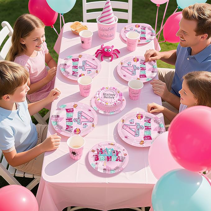 Grencian 96 Pcs Pink Spider Birthday Party Supplies Spider Web 4th Birthday Paper Plates Super Girl Hero Party Decorations Tableware for Kids Girls Four Year Old Party Decorstions Serves 24