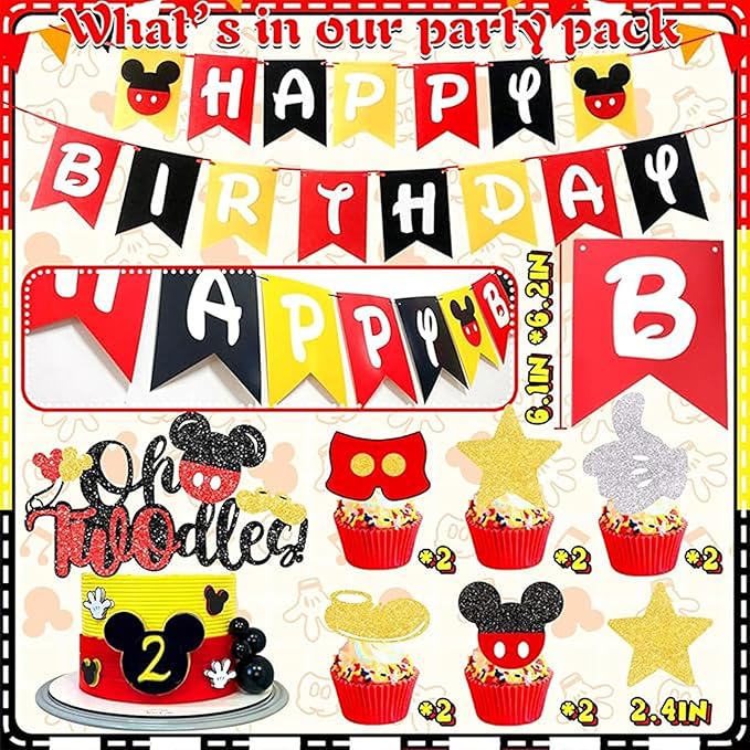 132pcs Oh Twodles Birthday Party Supplies Boy, Red Mouse 2nd Birthday Decorations Supplies, Balloons Arch Banner Backdrop Tablecover Cake Topper for Black Mouse Themed Boy 2 Years Old Birth Party