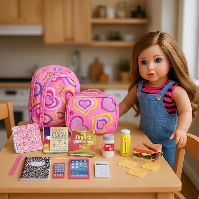 Emily Rose 18-Inch Doll School Essentials 18-PC Set - Backpack, Lunch Box & Working Calculator with Pretend Food - Premium USA Brand - Compatible with American Girl Dolls
