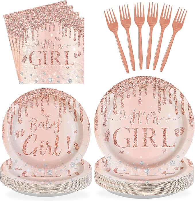 96Pcs It's a Girl Baby Shower Party Supplies Diamond Rose Gold Plates and Napkins Pink Gold Theme Disposable Paper Tableware Set for Girl Gender Reveal Baby Shower Party Decoration Serves 24