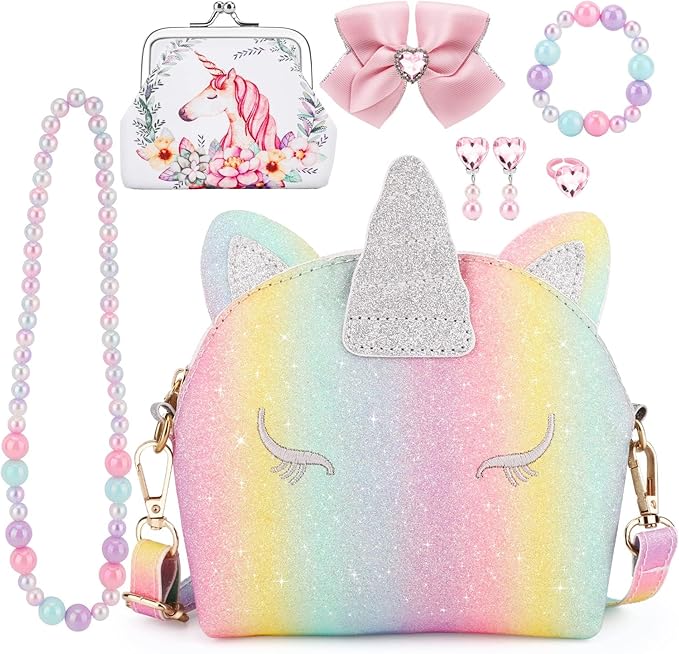 JYPS 7PCS Toddler Purse for Girl, Girls Wallet with Pretend Play Toys, Princess Toys with Kids Dress Up Jewelry Set (Rainbow Unicorn)