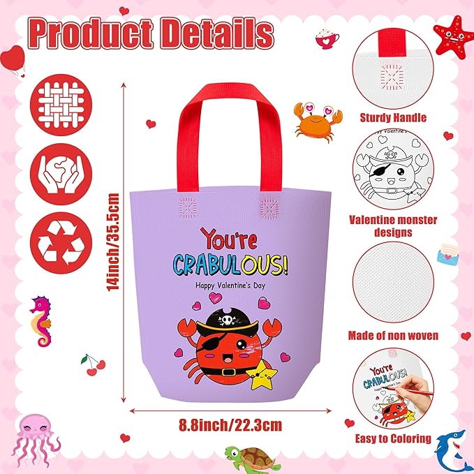 Valentine's Day Coloring Goodie Bag for Kids - 24Pcs Ocean Animal Bulk Color Your Own Gift Bag with Handle Ocean Theme Reusable Coloring Non Woven Tote Bag for Valentine Party DIY Painting Craft Favor