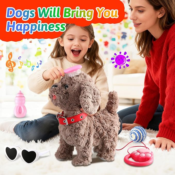 Teddy Walking Barking Dog Toy Singing Puppy Set, Repeat What You Say Teddy with Control Leash Electronic Dog, Touch or Voice Control Realistic Robot Musical Dancing Animated Plush Pet for Toddler