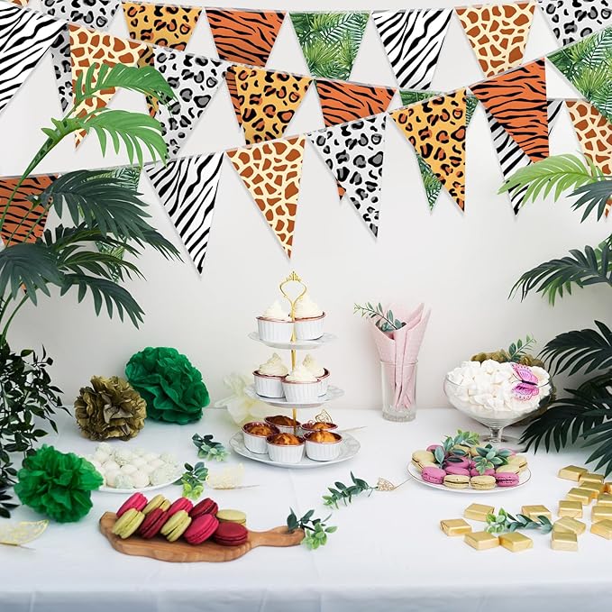 Tiamon 5 Pcs Jungle Zoo Animal Print Decoration Safari Birthday Banner Wild Animal Print Pennant Bunting 49.2 Ft Triangle Flag for Bulletin Board Classroom Decoration Safari Two Wild One Party Supply