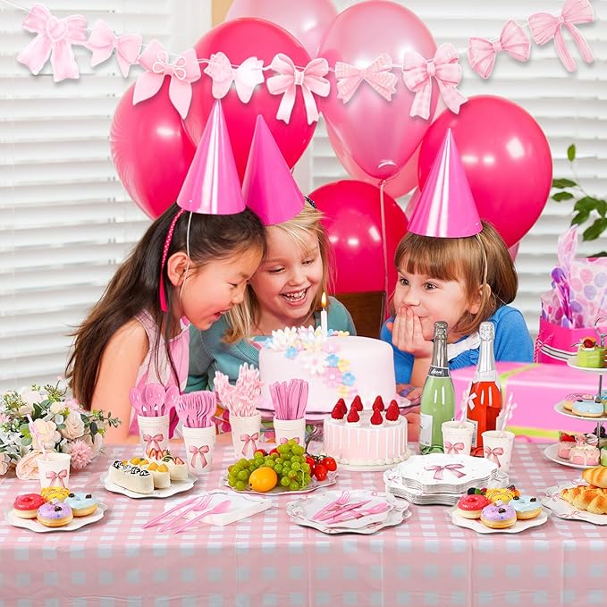 Sawysine 202 Pcs Pink Bow Party Supplies Serve 25 Disposable Dinnerware Set Coquette Birthday Decoration, 50 Bow Plates 25 Cups 25 Napkins 25 Plastic Forks 25 Knives 25 Spoons 25 Straw Flag Tablecloth