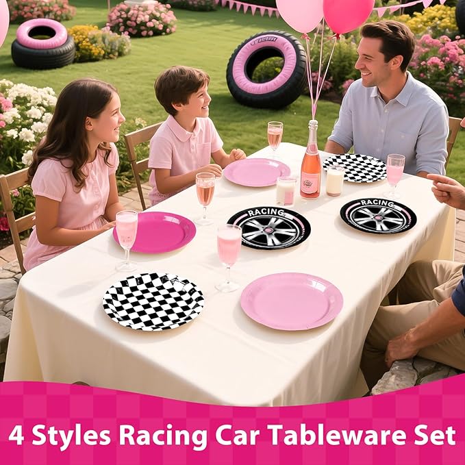 60Pcs Pink Race Car Party Plates 9" Racing Party Decorations Pink Black White Checkered Racing Car Paper Plates Disposable for Valentine’s Day Girls Birthday Baby Shower Race Themed Par-ty Supplies