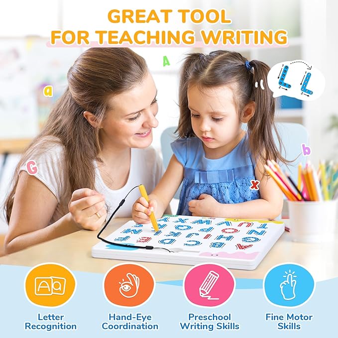 JoyCat Magnetic Letter Tracing Board, 2-in-1 Double-Sided ABC Magnets for Kids Ages 3-5, Uppercase & Lowercase Letter Writing Practice - Preschool Learning Toys, Road Trip Car Activities for Toddlers