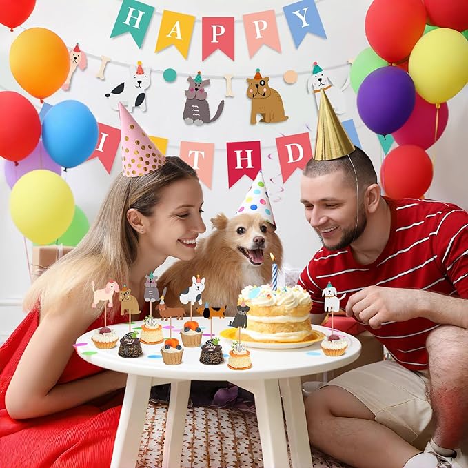 51 Pcs Dog Themed Birthday Party Supplies Set Happy Birthday Banner Cute Dog Face Cupcake Toppers Banner Backdrop Cake Toppers Colorful Decorations for Doggie Lover Puppy Themed Baby Shower