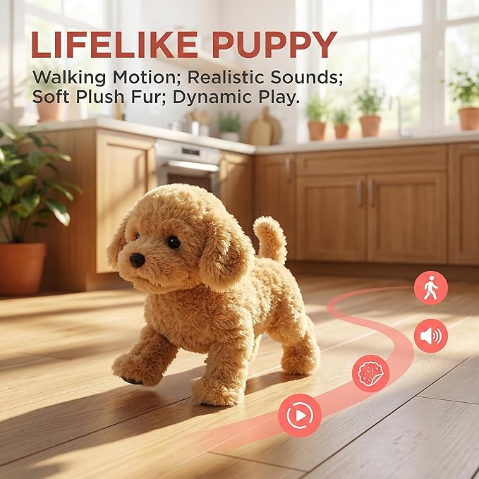 Wuffy Interactive Robot Dog Toy for Kids, Realistic Walking Plush Puppy with Touch Sensor, Voice Mimic & Licking Motion, Leash Remote Control, Screen-Free Pet for Ages 3+