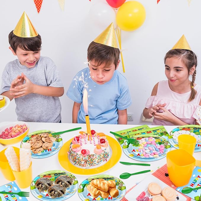Avezano 168 PCS Train Birthday Party Supplies Includes Paper Plates, Cups, Napkins, Knives, Forks, Spoons for Chuagaa Train Birthday Party Decorations, Serves 24