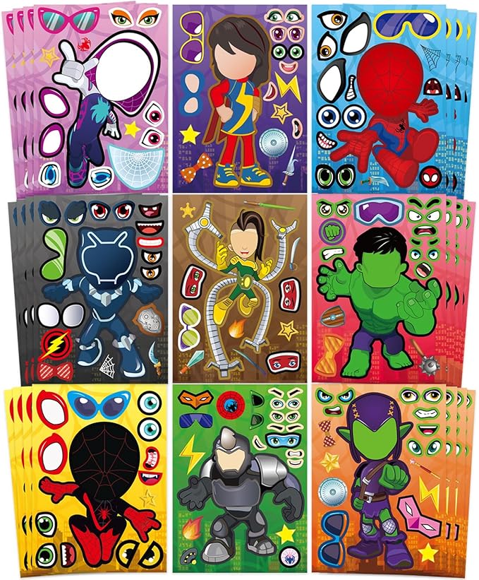 Cute Superhero Stickers for Teen, 36 Sheets, Make Your Own Movie Theme, Make a Face Stickers for Teens Girls Boys, Classroom Rewards Party Supplies