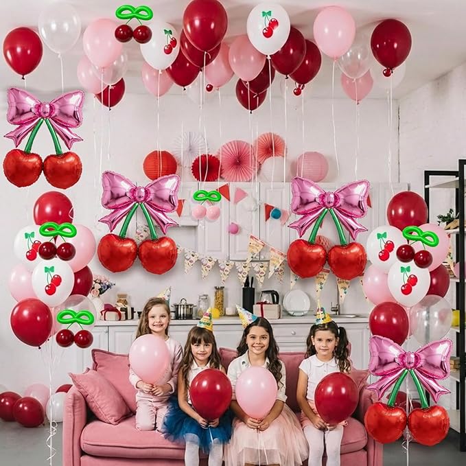 Bonropin 76pcs Pink Bow Red Cherry Balloons with Red Pink Cheery Print Balloon for She's The Cherry On Top Party Foil Balloon Berry First Birthday Decorations Baby Shower Bridal Wedding Party Supplies
