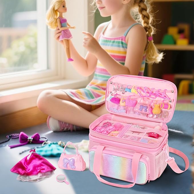 Carrying Case Compatible with Barbie Doll Clothes, Doll Accessories Storage Organizer, Double Layer Design, with Handle and Detachable Shoulder Strap, Case only (Pink)
