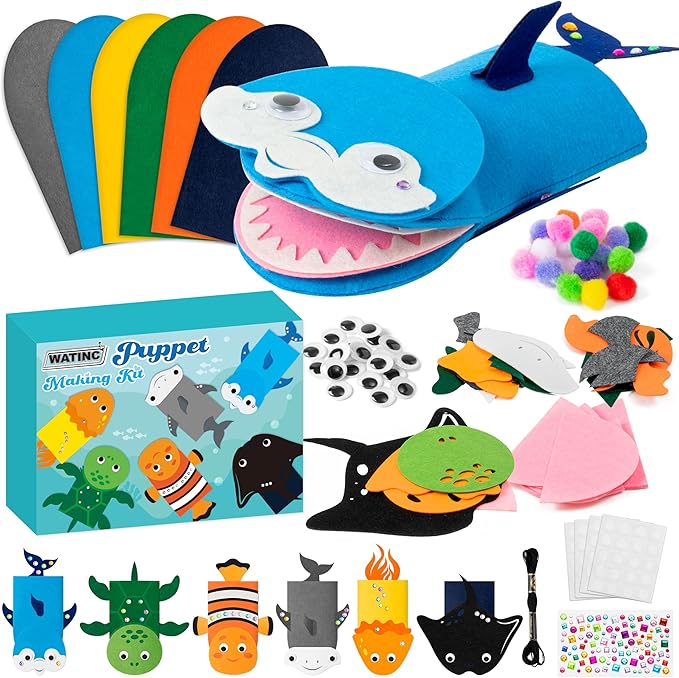 WATINC 6Pcs Hand Puppet Making Kit, Art Craft Felt Sock Puppet Toys, Creative DIY Make Your Own Pompoms Wiggle Googly Eyes Storytelling Role Play Party Supplies Gift for Girls Boys (Ocean Animals)