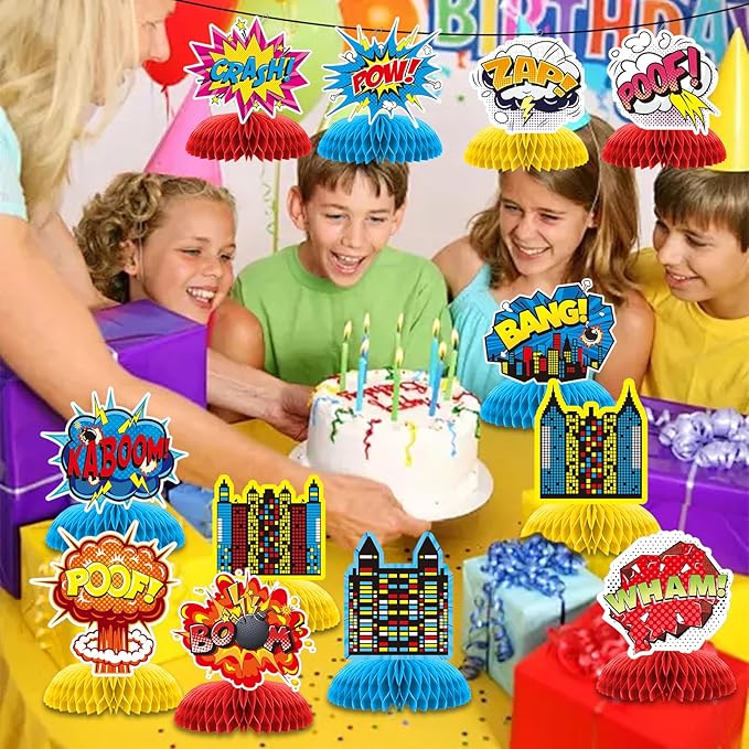 12 PCS Hero Party Decorations, Hero Theme Happy Birthday Decorations, Fun Action Honeycomb Centerpieces Decor Table for Party Supplies for Women Men Boys Girls