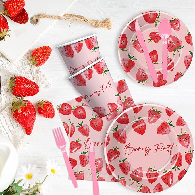 Strawberry Berry First Birthday Party Supplies - Strawberry 1st Birthday Party Decorations Tableware, Plate, Cup, Napkin, Fork, Serve 24