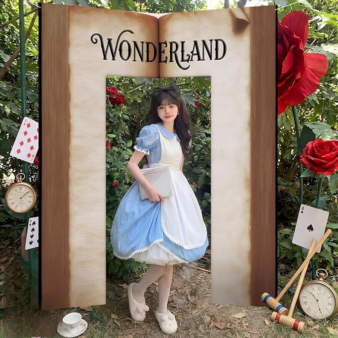 Preboun Wonderland Tea Party Decoration 6.56 x 7.22 ft Magic Book Door Banner Fairy Tale Themed Curtain Photo Props Background for Birthday Baby Shower Tea Party Supplies