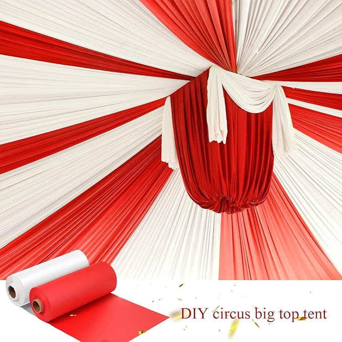 Moukeren 40'' x 100' Circus Tablecloth Roll Plastic Tablecloth Disposable DIY Carnival Tent Party Supplies for Big Top Tent Backdrop Curtains Ceiling Wall Drapes(White, Red,2 Roll)