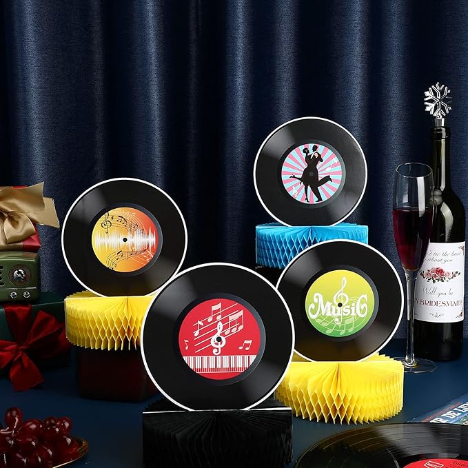 Jetec 9 Pieces Record Honeycomb Centerpieces 50s Sock Hop Party Decorations 70s Vinyl Rock and Roll Table Decor 3D Retro Music Table Centerpieces for 1950s Birthday Supplies Favors and Classroom Decor