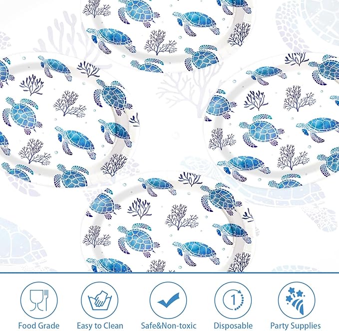 50 Pcs Sea Turtle Oval Paper Plates 10" x 12" Large Heavy Duty Disposable Blue Ocean Coastal Turtle Coral Dessert Plates Platters for Summer Beach Under the Sea Turtles Birthday Party Decorations ﻿