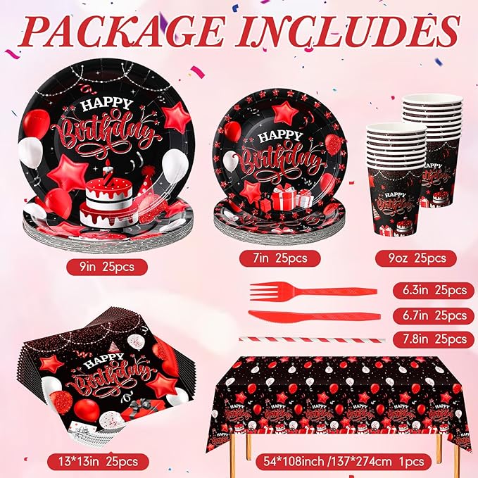 Norme 176 Pcs Black and Red Birthday Tableware Set Birthday Decoration Includes Tablecloth Paper Plates Napkins Paper Cups Forks Knifes and Straws for 25 Guests Party Supplies (Vibrant)
