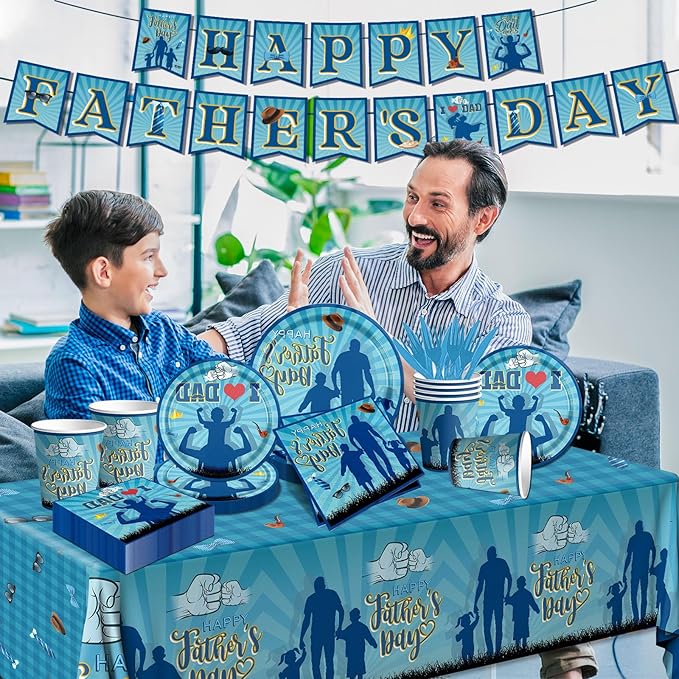 Fathers Day Decoration-Happy Fathers Day Plates and Napkins Kit Blue I Love Dad Tableware for Father Day Party Decoration