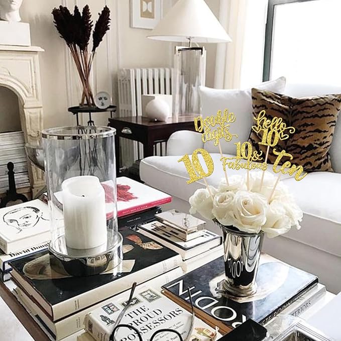 15PCS Happy 10th Birthday Centerpiece Sticks Hello 10 Fabulous Table Flower Centerpieces Sticks Ten Double Digits Cheers to 10 Years Floral Decoration for 10th Birthday Party Centerpieces Sticks Gold