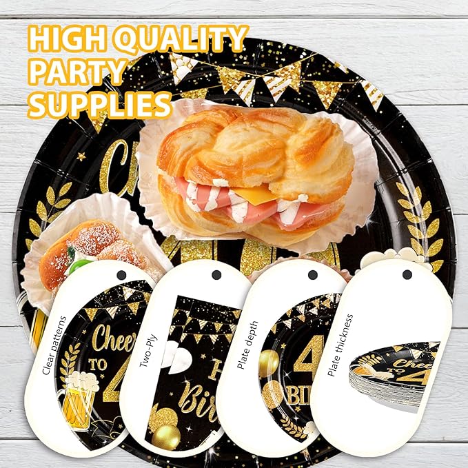 96Pcs 40th Birthday Party Supplies Black Gold Plates and Napkins Tableware Sets Cheers and Beers to 40 Years Decorations Favors for Men Women 40 Years Old Birthday Dinner Holiday Party Serves 24