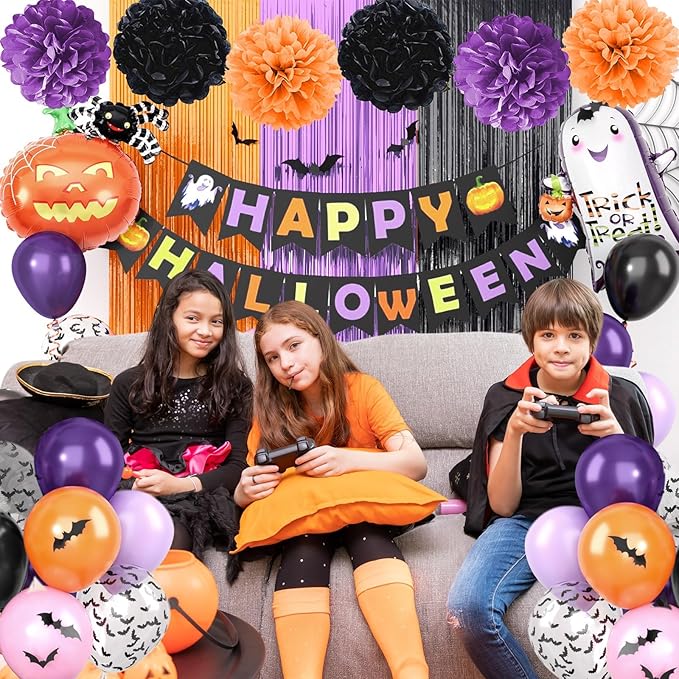 Purple Black Orange Party Decorations Set,Halloween Decorations Kit Including HAPPY HALLOWEEN Banner,Foil Balloons,3D Bat Stickers,Fringe Curtain,Paper Pompoms,Indoor Outdoor Halloween Supplies