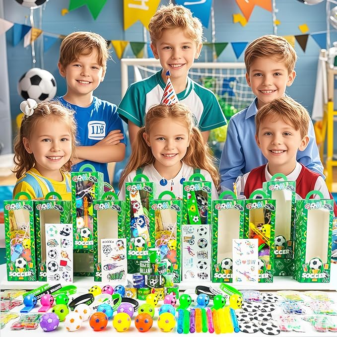 158Pcs Soccer Party Favors -12 Guests Set, Soccer Goodie Bag Stuffers with Rotatable Finger Stress Toys Whistles Bubble Wands Keychain Sticker for Kids Birthday Party Souvenirs Supplies