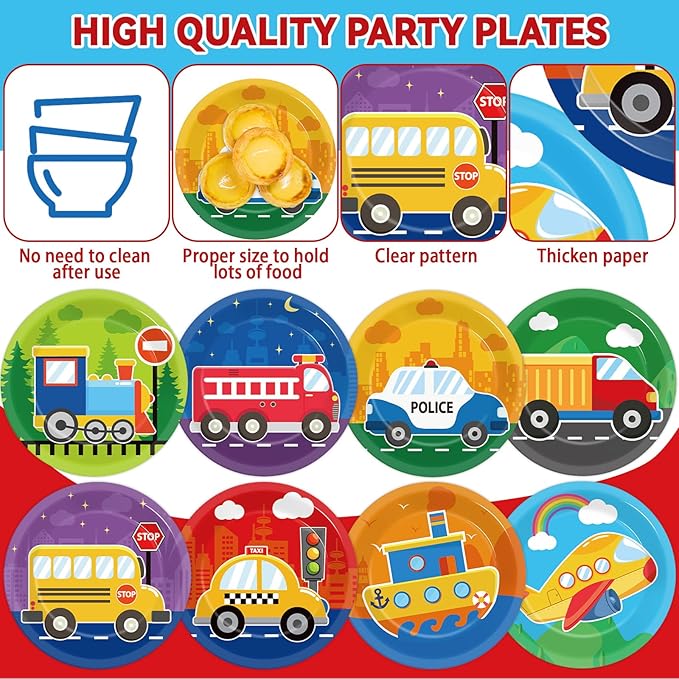 48PCS Transportation Paper Plates Car Birthday Decorations Construction Tableware 7 Inch Train Vehicle Fire Truck Airplane Traffic Dessert Dinnerware for Kids Baby Shower Party Supplies Favors