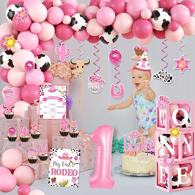 155Pcs My First Rodeo Decorations Girl,Western Cowgirl 1st Birthday Balloon Arch,Banner,ONE Box,Tablecloth Theme Party Supplies for Baby Girl 1st Birthday,Girls Baby Shower Party