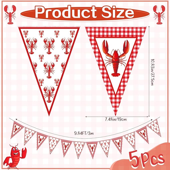 Boao 5 Pcs Crawfish Boil Party Decorations Crawfish Pennant Banner 49. 2ft Shrimp Boil Pennant Flags Red Plaid Hanging Banner for Birthday Lobster Mardi Gras Summer Shrimp Party Supplies