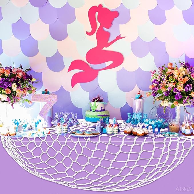 Unittype 8 Pcs Fish Net Decorative and Tablecloth Set, Cotton Fishnet and Plastic Table Cover Decorations Set for Nautical Themed Party Baby Shower Pirate Decorations Mermaid Party (Entranced)
