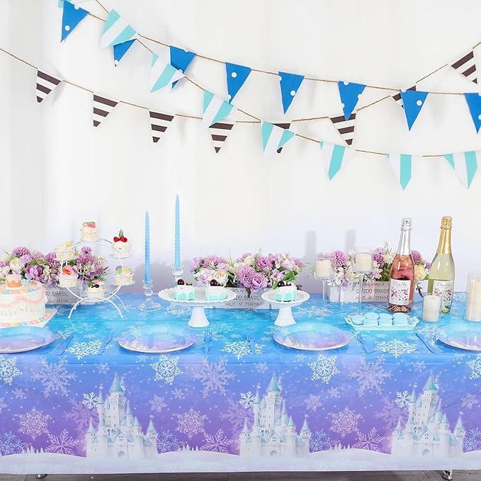 3 Pack Frozen Tablecloth, 54 x 108 Inch Snowflake Plastic Tablecloths Blue and Purple Snowflakes Table Cover, Winter Wonderland Table Cloth for Holiday Frozen Birthday Party Supplies