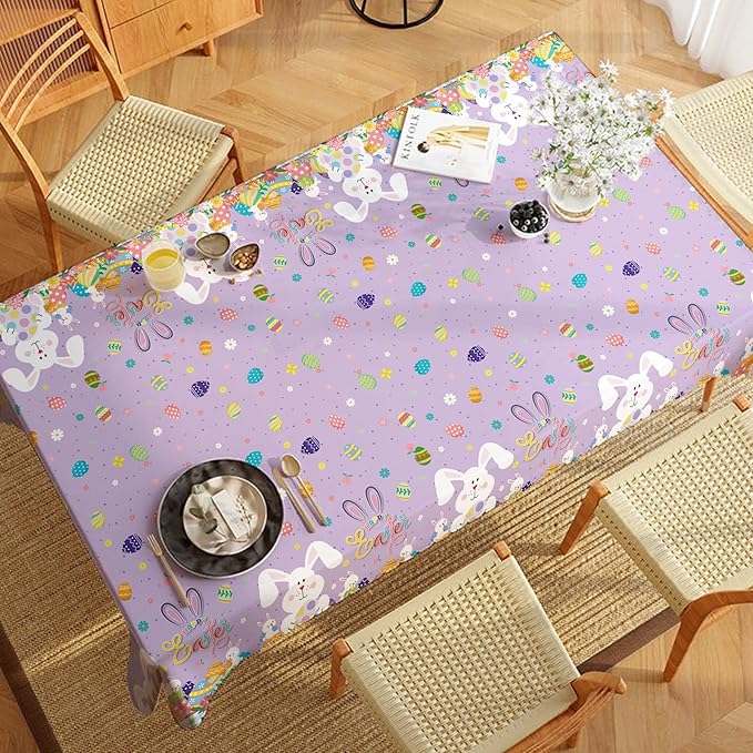Happy Easter Tablecloth 2 Pack, Bunny Plastic Disposable Tablecloth 54 x 108 Inch, Spring Easter Party Table Cover for Kids Easter Celebration, Holiday Decorations