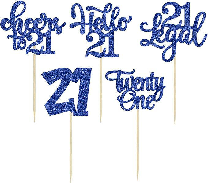 30Pcs 21st Birthday Cupcake Toppers Twenty One Legal Cupcake Picks Cheers to 21 Years Old Cake Decorations for 21st Birthday Anniversary Party Supplies Deep Blue Glitter