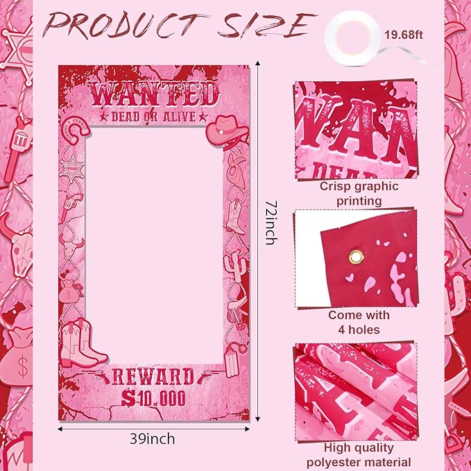 Cowgirl Party Decorations Pink Western Photo Booth Wanted Poster Photo Prop Photos Frame Banner for Wild West Birthday Decoration Supplies (Pink)