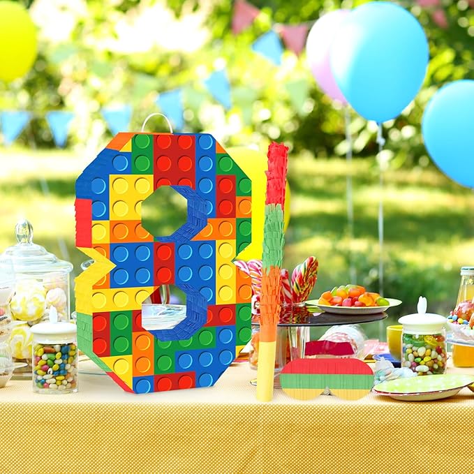 Number 8 Pinata with Blindfold and Bat Stick Building Block 8th Birthday Decorations for Kids Boys Girls Building Block Birthday Party Games Number Pinata for Fiesta