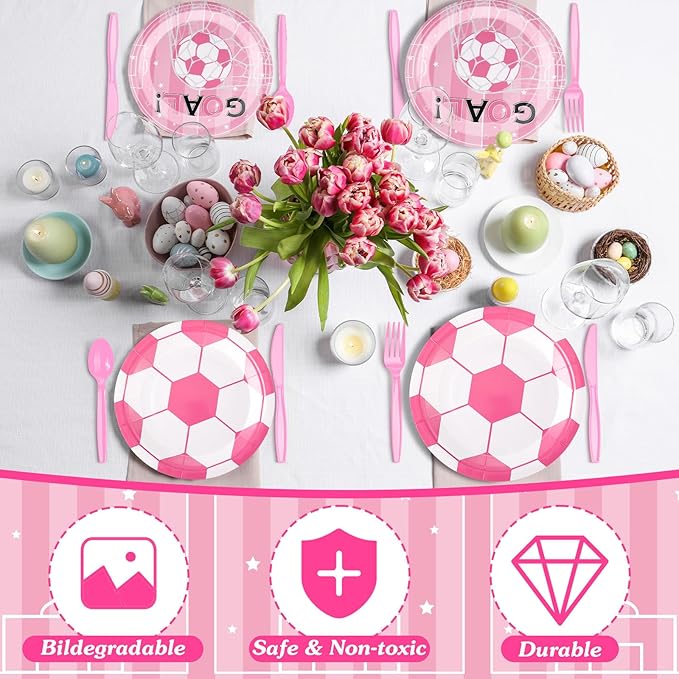 Zhehao 143 Pcs Pink Soccer Birthday Decorations Party Supplies Serves 24 Include Soccer Themed Plate Fork Napkin Cup Banner Balloon Tablecloth for Sports Theme Birthday Party Favor