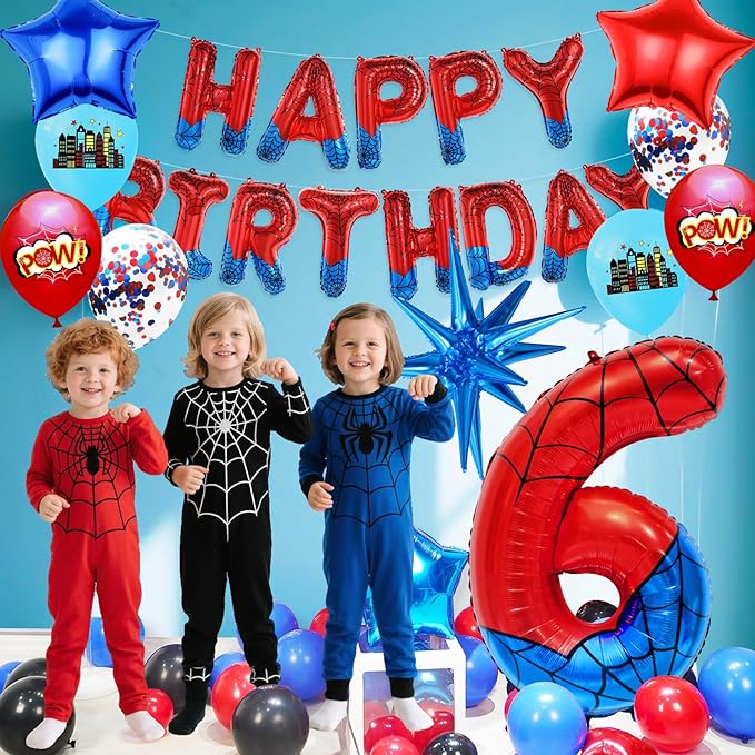 Spider Web Number 6 Balloon Birthday Decoration, Superhero Themed 40in Giant Mylar Number Party Supplies
