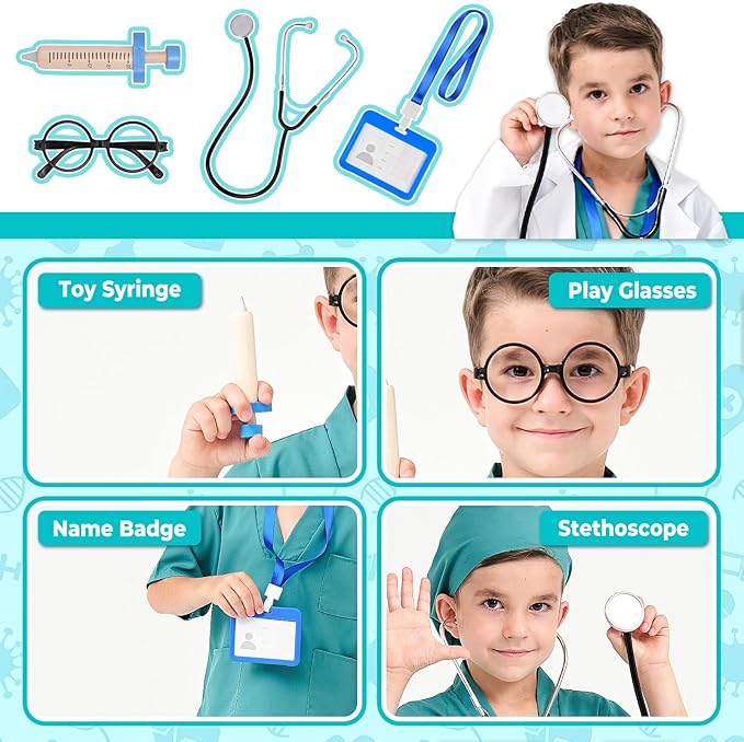 MGparty Doctor Costumes for Kids Halloween Cosplay Dress Up Accessories for Boys Girls Ages 3-10