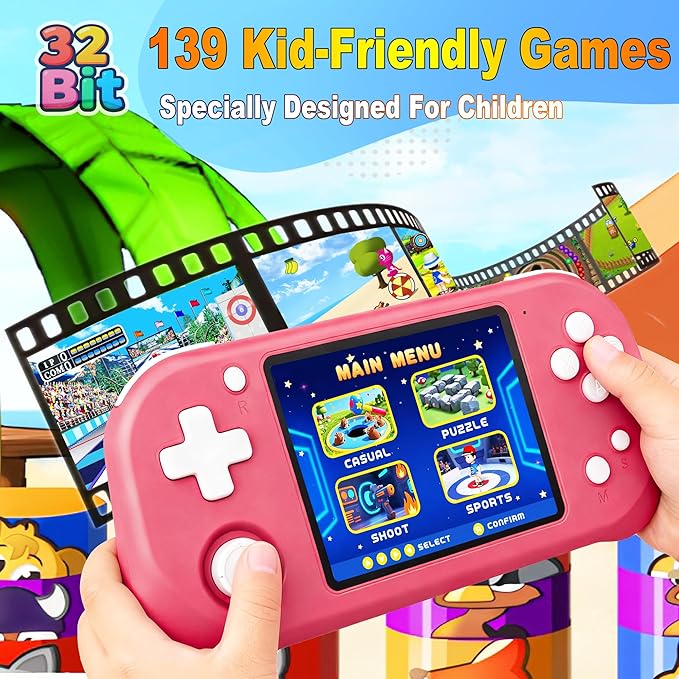 Handheld Game for Kids with 3.5'' IPS Screen 139 Preloaded 32 Bit Electronic Video Games, Portable Rechargeable Gaming Player Toy for Boys Girls Seniors Gift (Vivid Magenta)