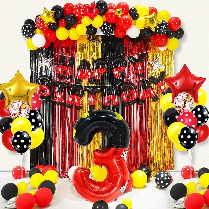 YIIHMEI 3rd Mouse Balloons Birthday Decorations Party Supplies Boy Red And Black Foil Balloon Banner 40inch Number