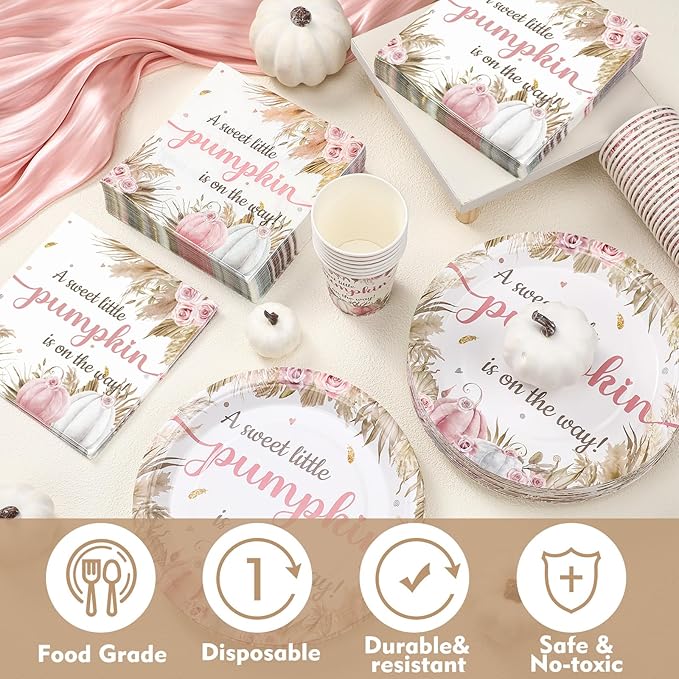 Hushee 200 Pcs Fall Boho Pumpkin Baby Shower Paper Plates Napkins Cups Baby Shower Party Supplies Tableware Set Disposable Cup Napkin for 50 Guest Party Decoration