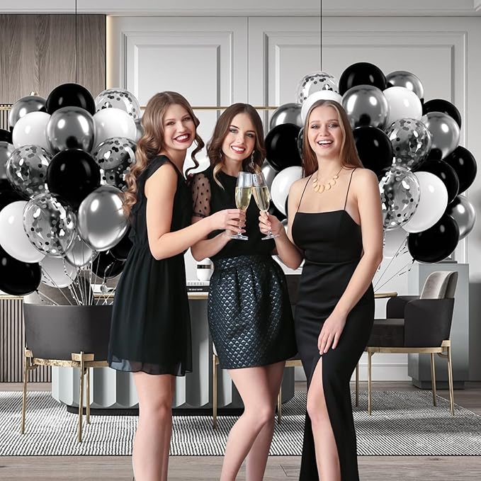 60pcs Black and Silver Balloons 12inch, Black and White Balloons with Metallic Silver Confetti Balloons for Baby Shower Wedding Birthday Graduation Party Decorations